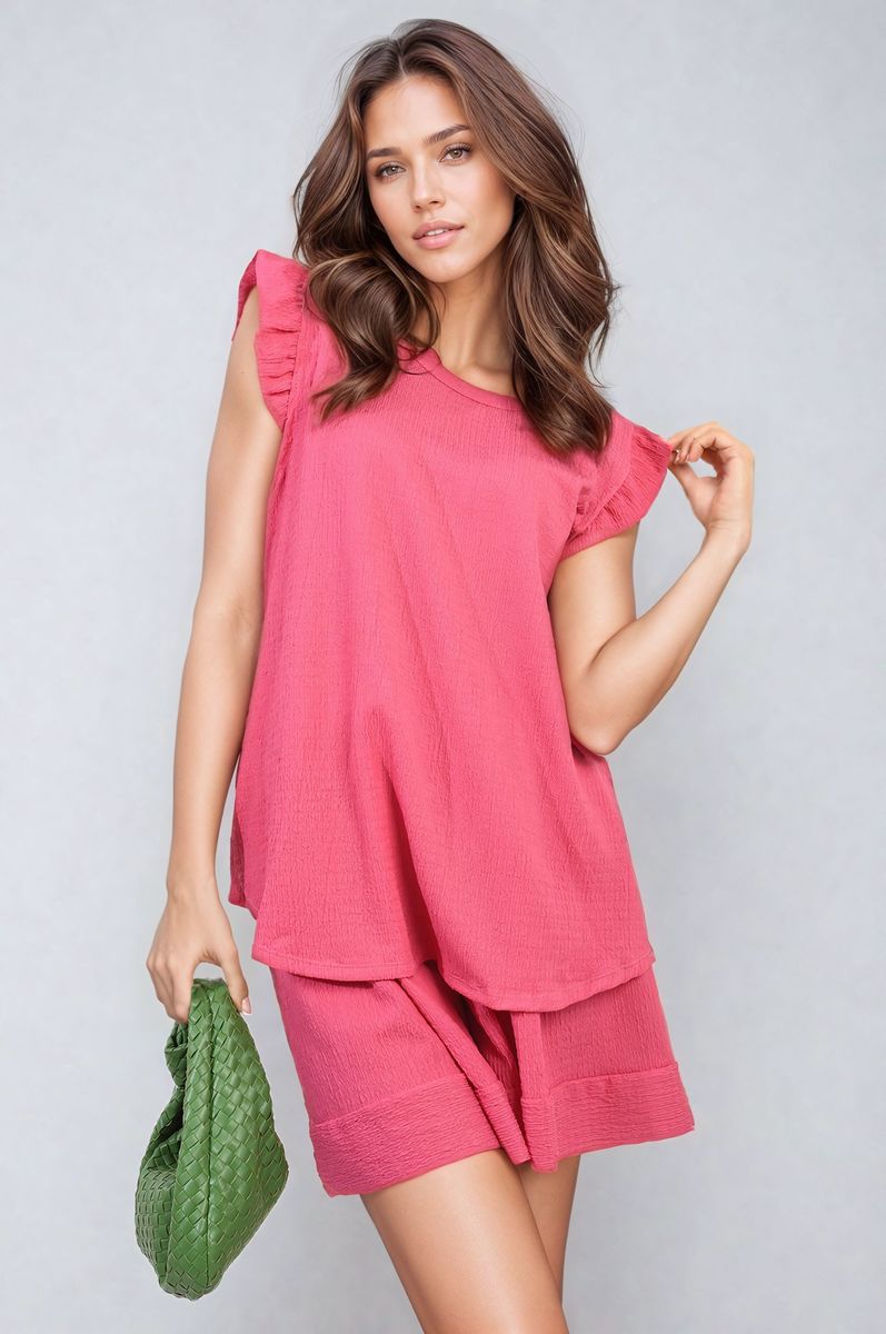 Ruffle Trim Sleeve Top and Shorts Co-ord Set Moda