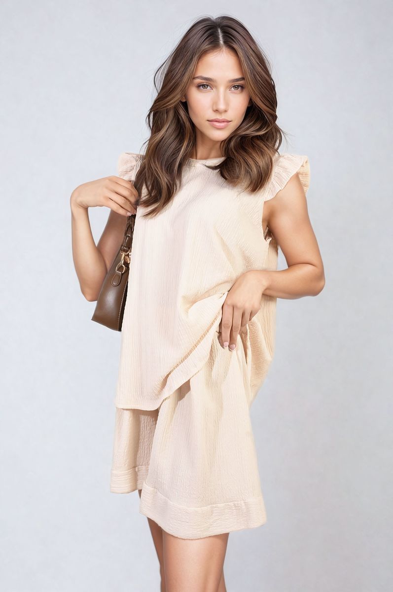 Ruffle Trim Sleeve Top and Shorts Co-ord Set Moda