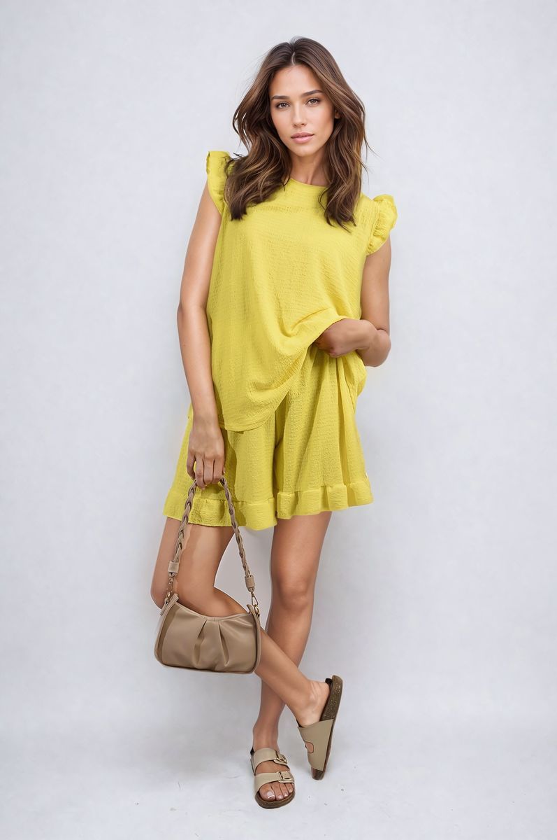 Ruffle Trim Sleeve Top and Shorts Co-ord Set Moda