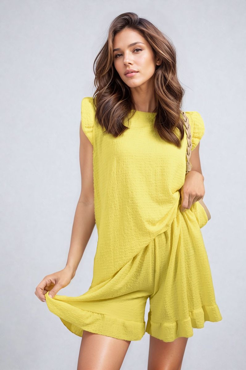 Ruffle Trim Sleeve Top and Shorts Co-ord Set Moda