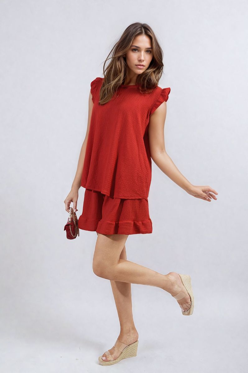 Ruffle Trim Sleeve Top and Shorts Co-ord Set Moda