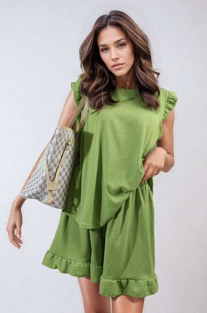 Ruffle Trim Sleeve Top and Shorts Co-ord Set Moda