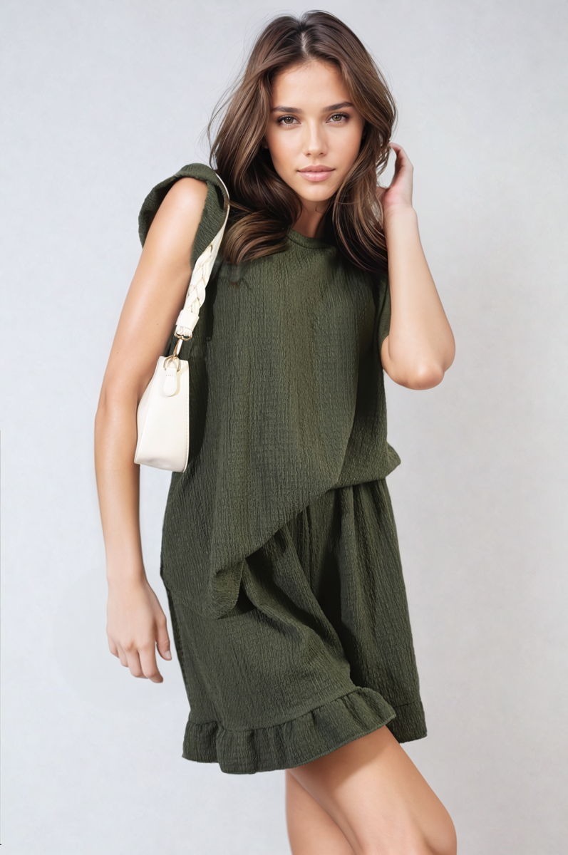 Ruffle Trim Sleeve Top and Shorts Co-ord Set Moda