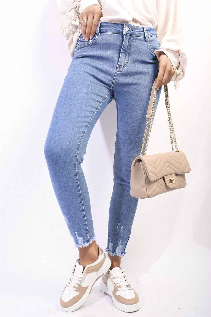 High Waist Distressed Hem Skinny Jeans Moda