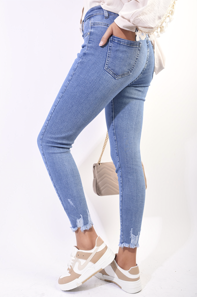 High Waist Distressed Hem Skinny Jeans Moda