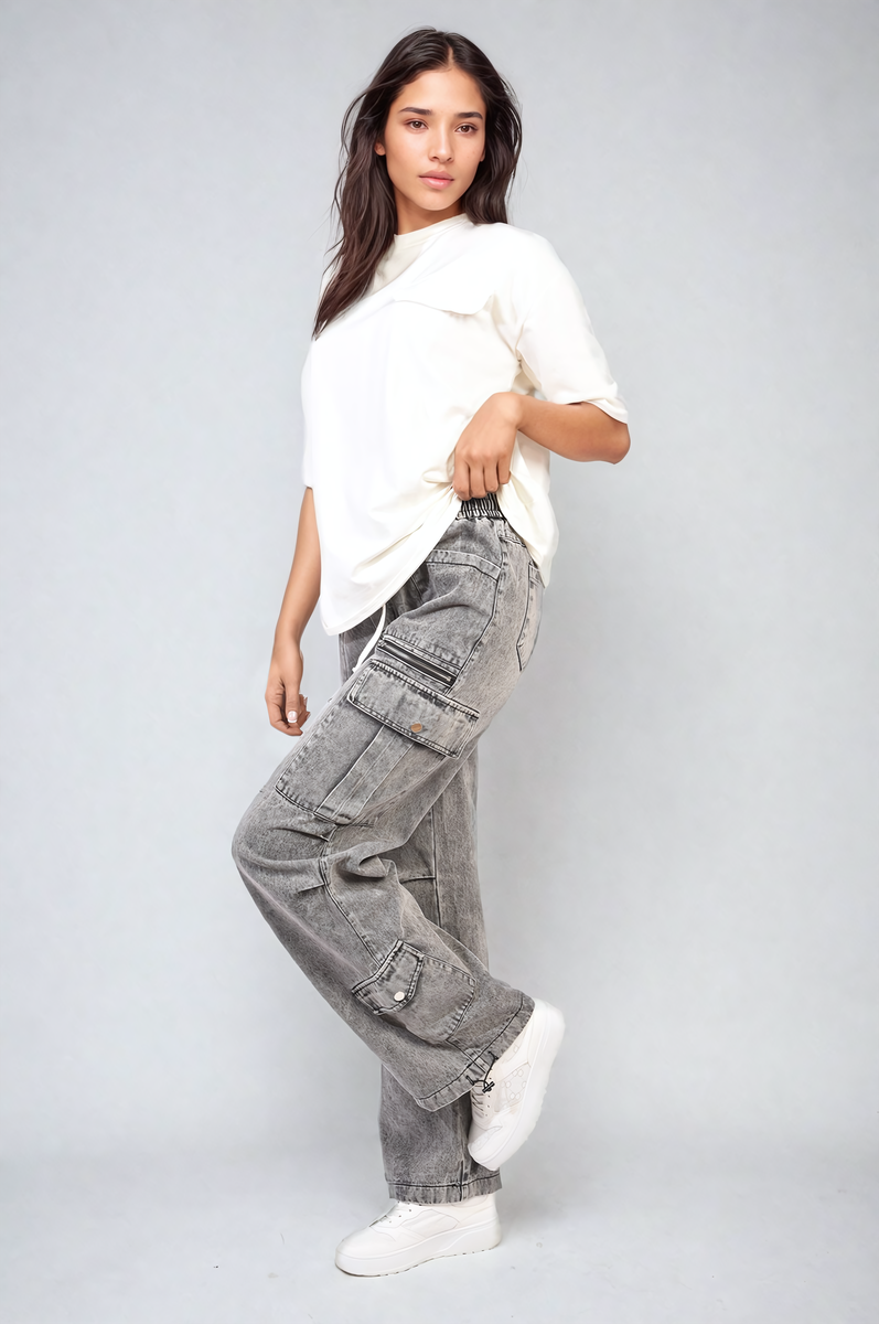 Multi Pockets Drawstring Cargo Jeans Moda