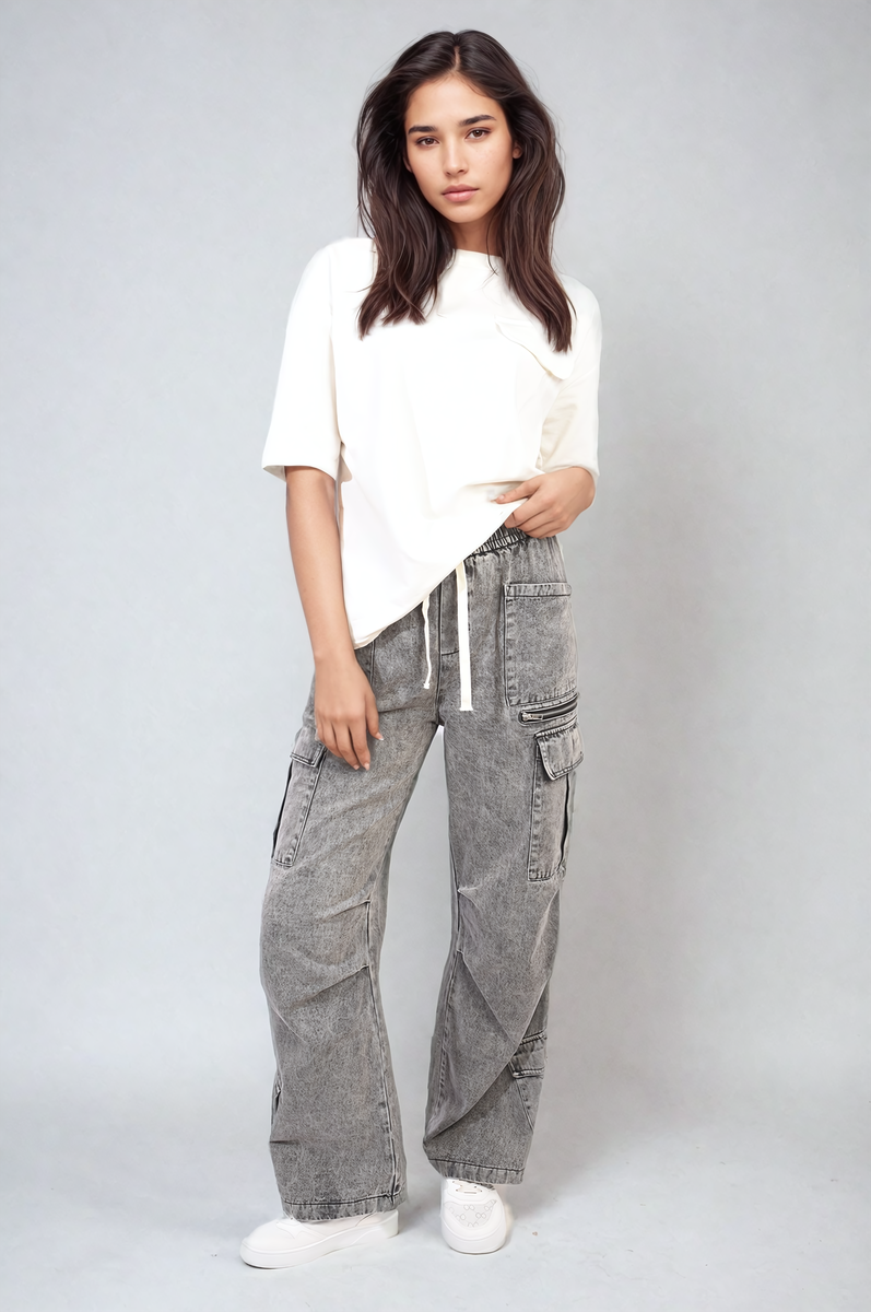 Multi Pockets Drawstring Cargo Jeans Moda