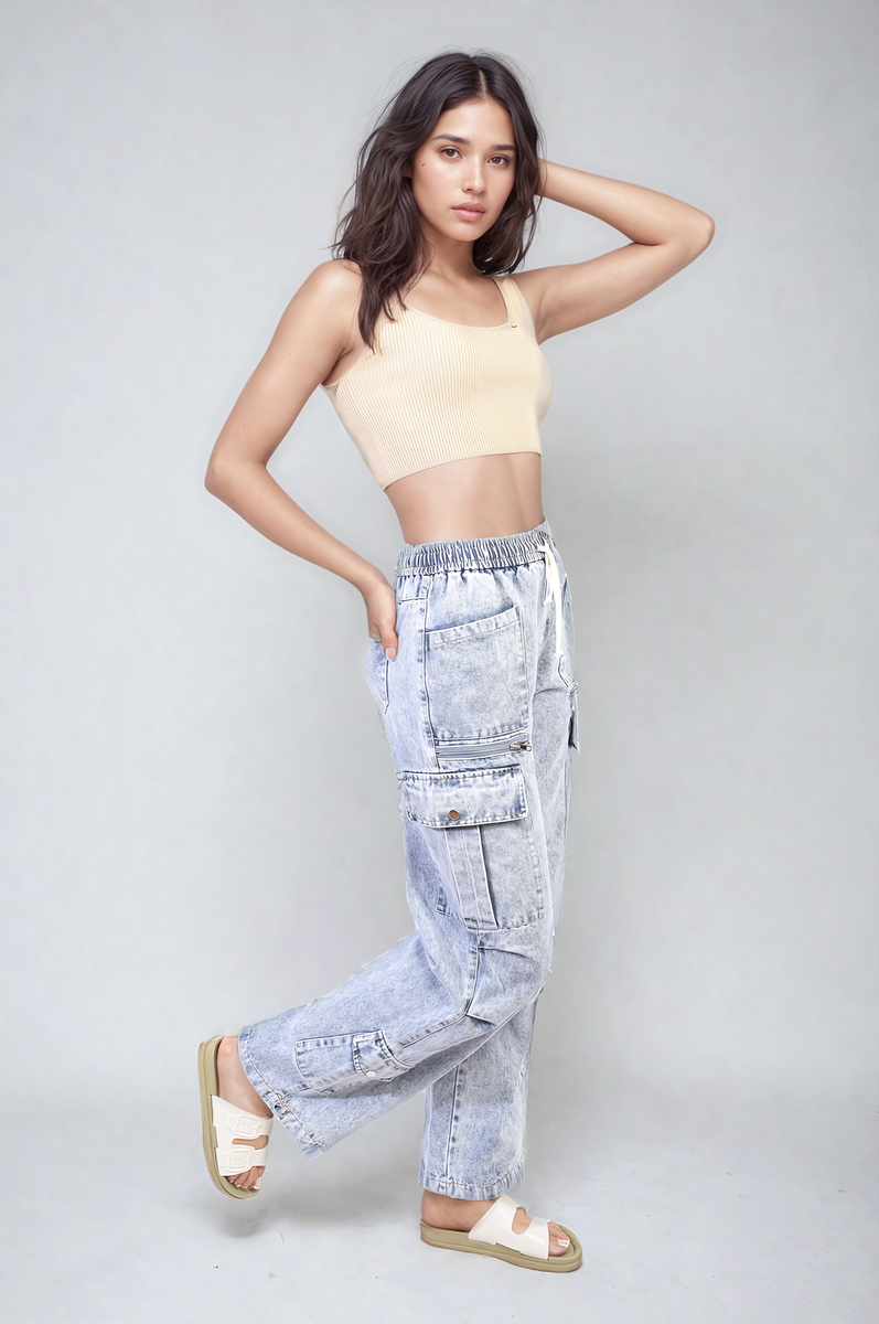 Multi Pockets Drawstring Cargo Jeans Moda