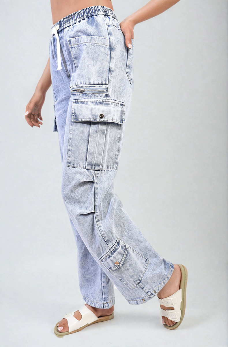 Multi Pockets Drawstring Cargo Jeans Moda