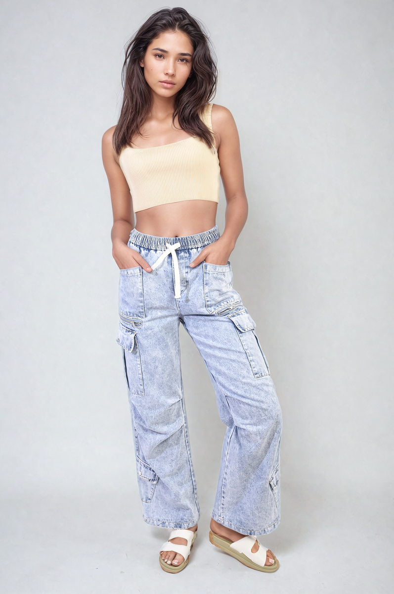 Multi Pockets Drawstring Cargo Jeans Moda