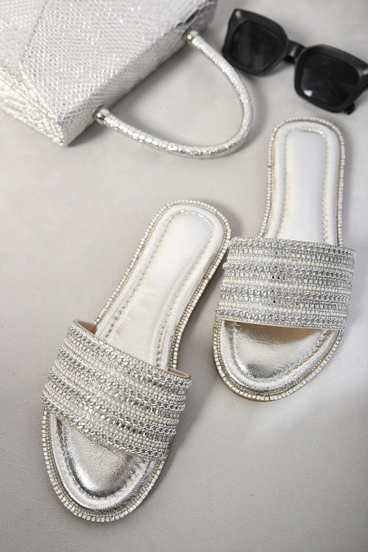 Open Toe Embellished Flat Sandals Moda