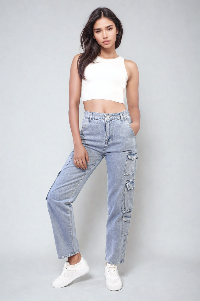 Multi Flap Pockets Cargo Jeans Moda