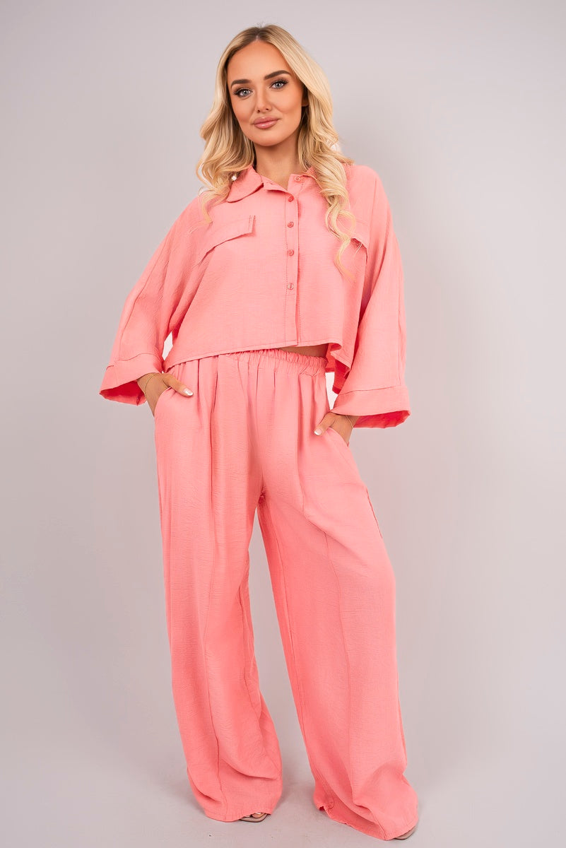 Oversized Long Sleeve Crop Top and Wide Leg Trouser Co-ord Set Moda
