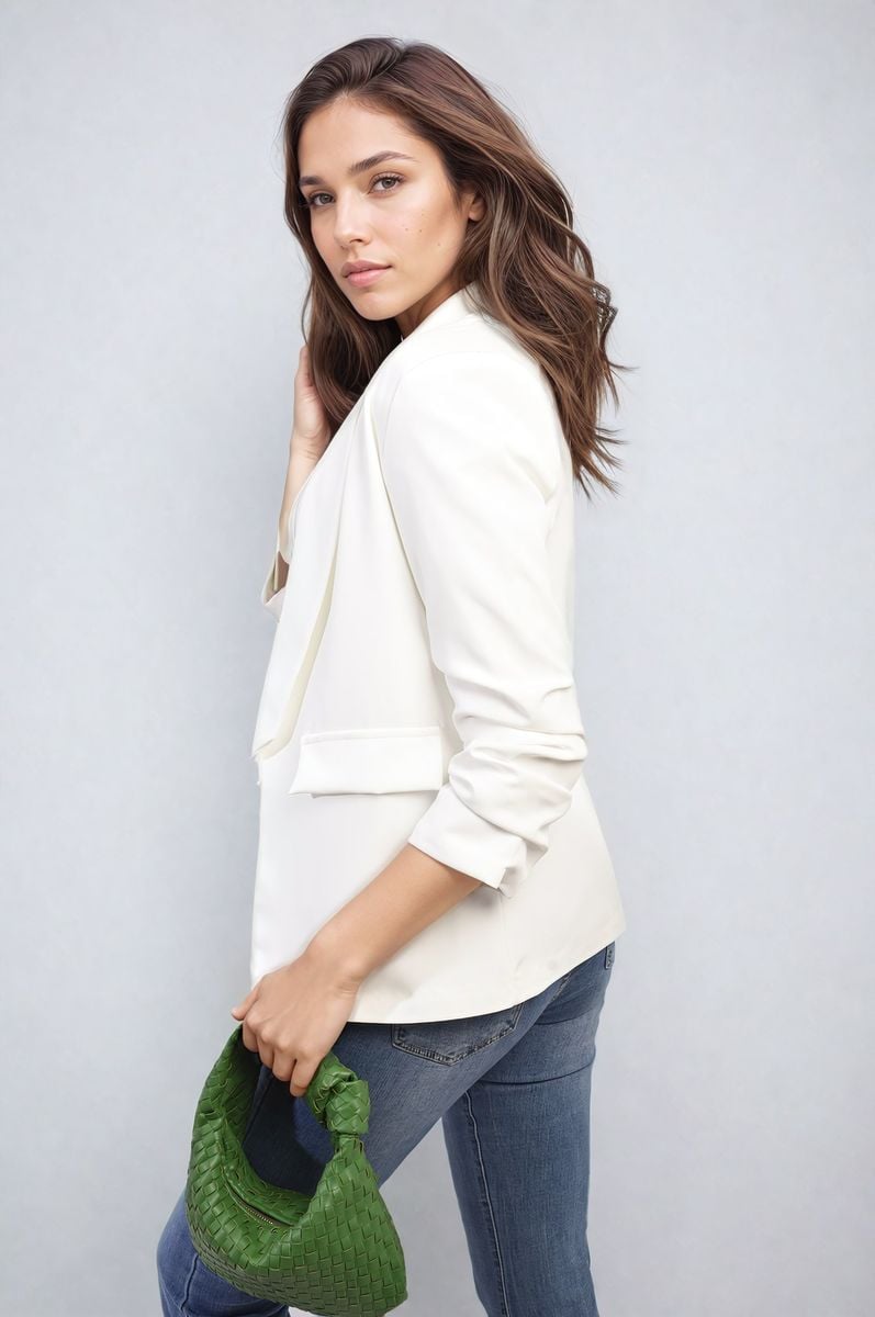 Ruched Sleeve Open Front Blazer Jacket with Front Pockets Moda