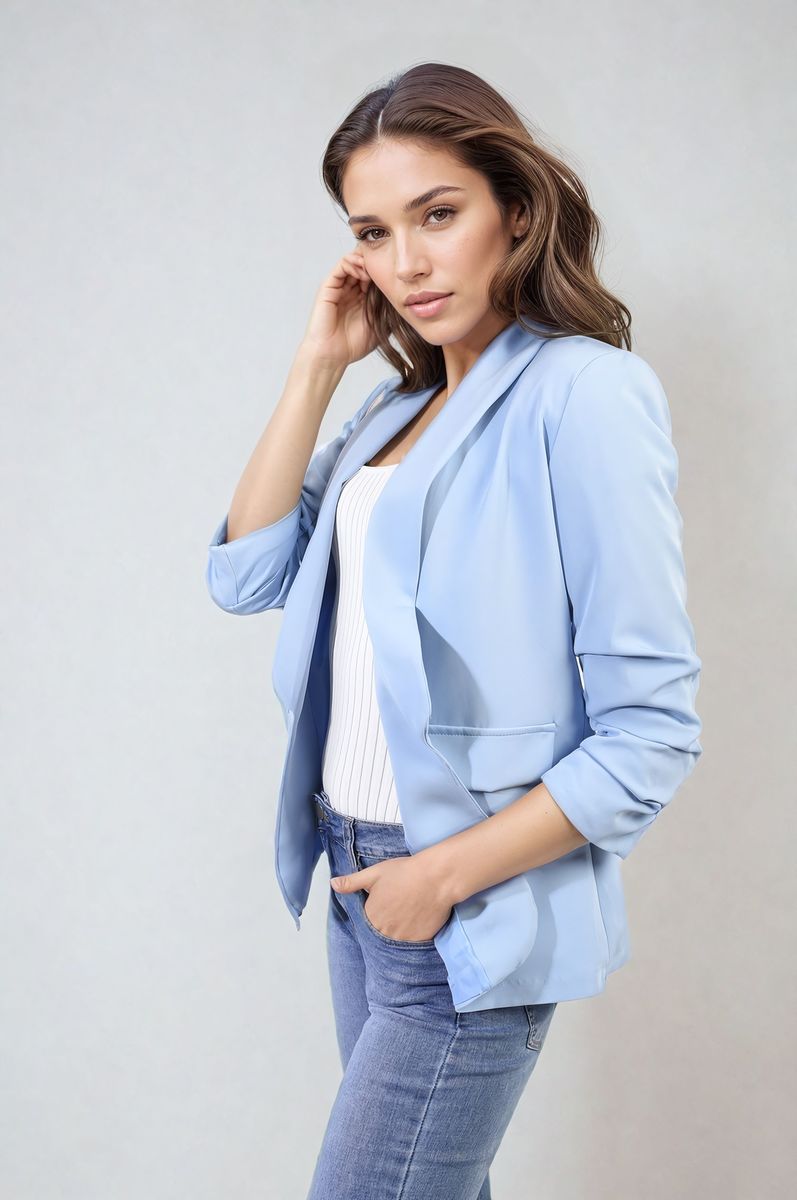 Ruched Sleeve Open Front Blazer Jacket with Front Pockets Moda
