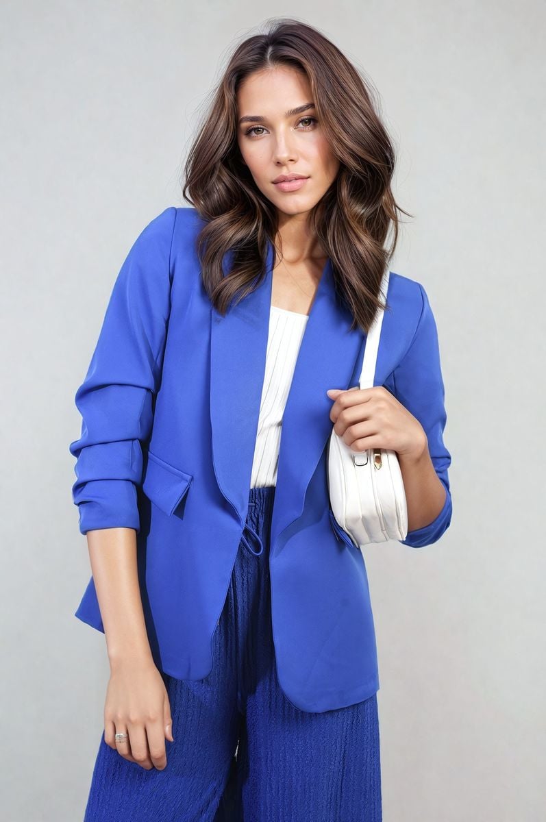 Ruched Sleeve Open Front Blazer Jacket with Front Pockets Moda