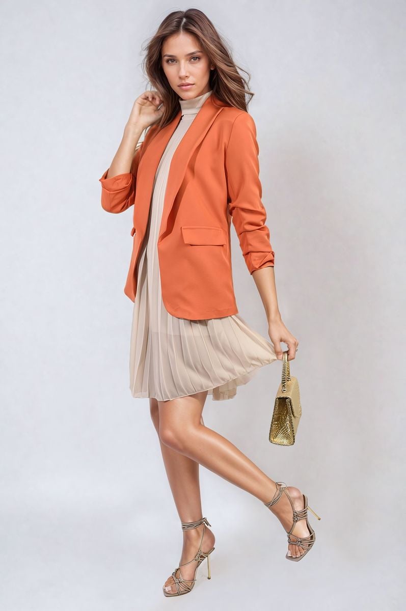 Ruched Sleeve Open Front Blazer Jacket with Front Pockets Moda