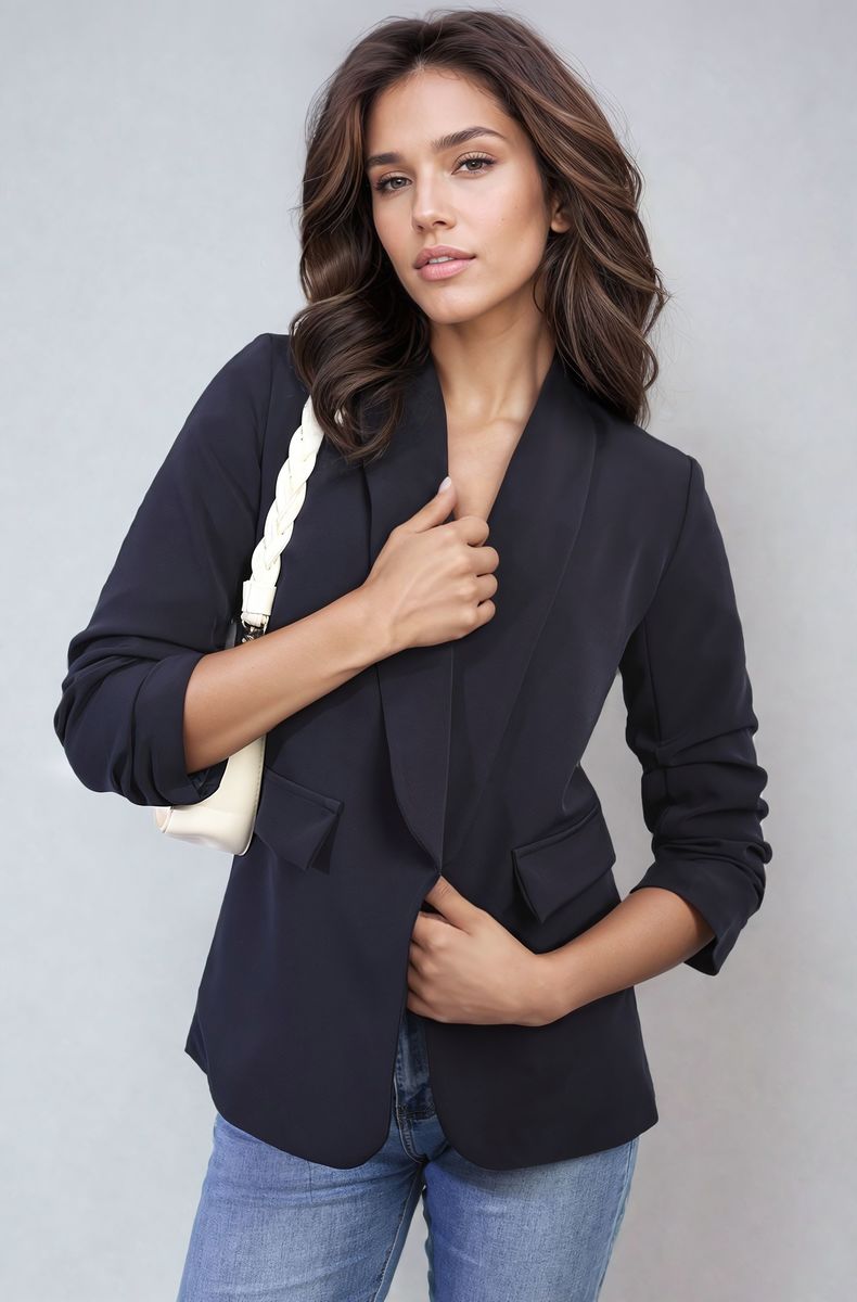 Ruched Sleeve Open Front Blazer Jacket with Front Pockets Moda