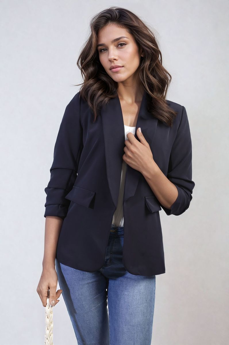 Ruched Sleeve Open Front Blazer Jacket with Front Pockets Moda