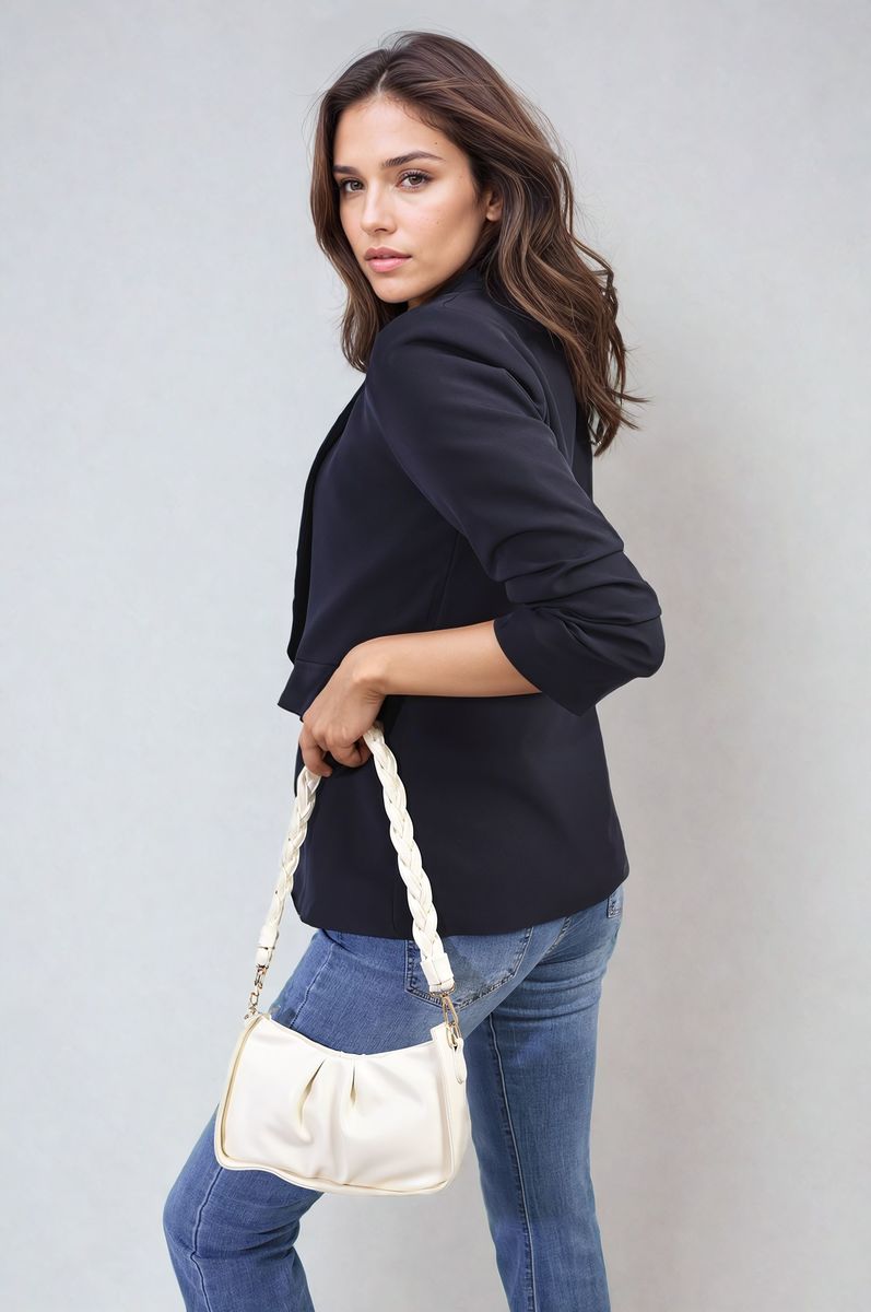 Ruched Sleeve Open Front Blazer Jacket with Front Pockets Moda