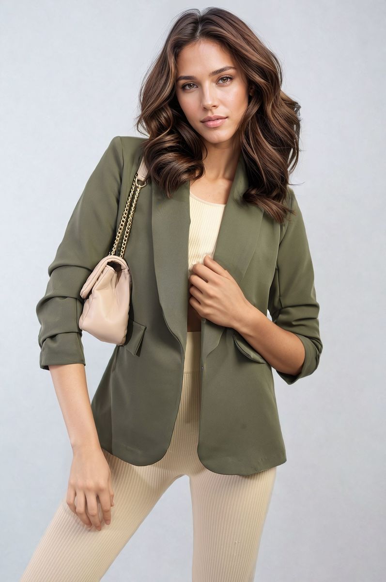 Ruched Sleeve Open Front Blazer Jacket with Front Pockets Moda
