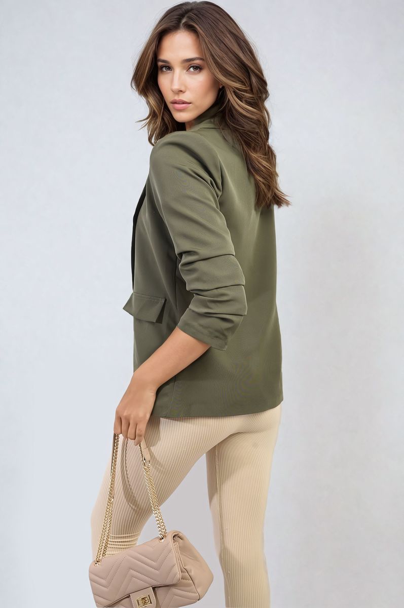 Ruched Sleeve Open Front Blazer Jacket with Front Pockets Moda