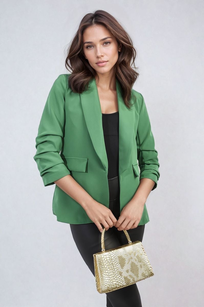 Ruched Sleeve Open Front Blazer Jacket with Front Pockets Moda