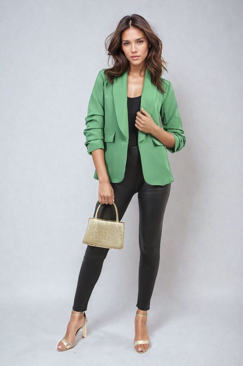 Ruched Sleeve Open Front Blazer Jacket with Front Pockets Moda