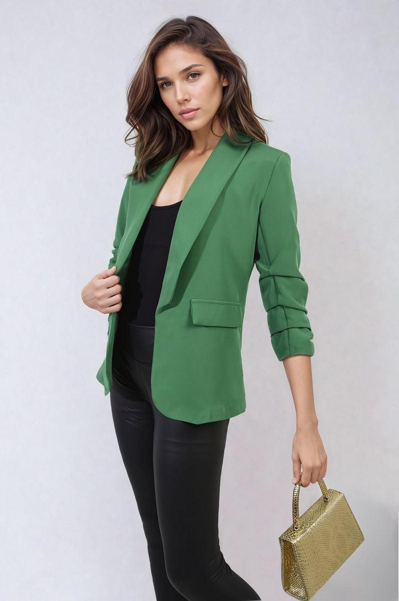 Ruched Sleeve Open Front Blazer Jacket with Front Pockets Moda