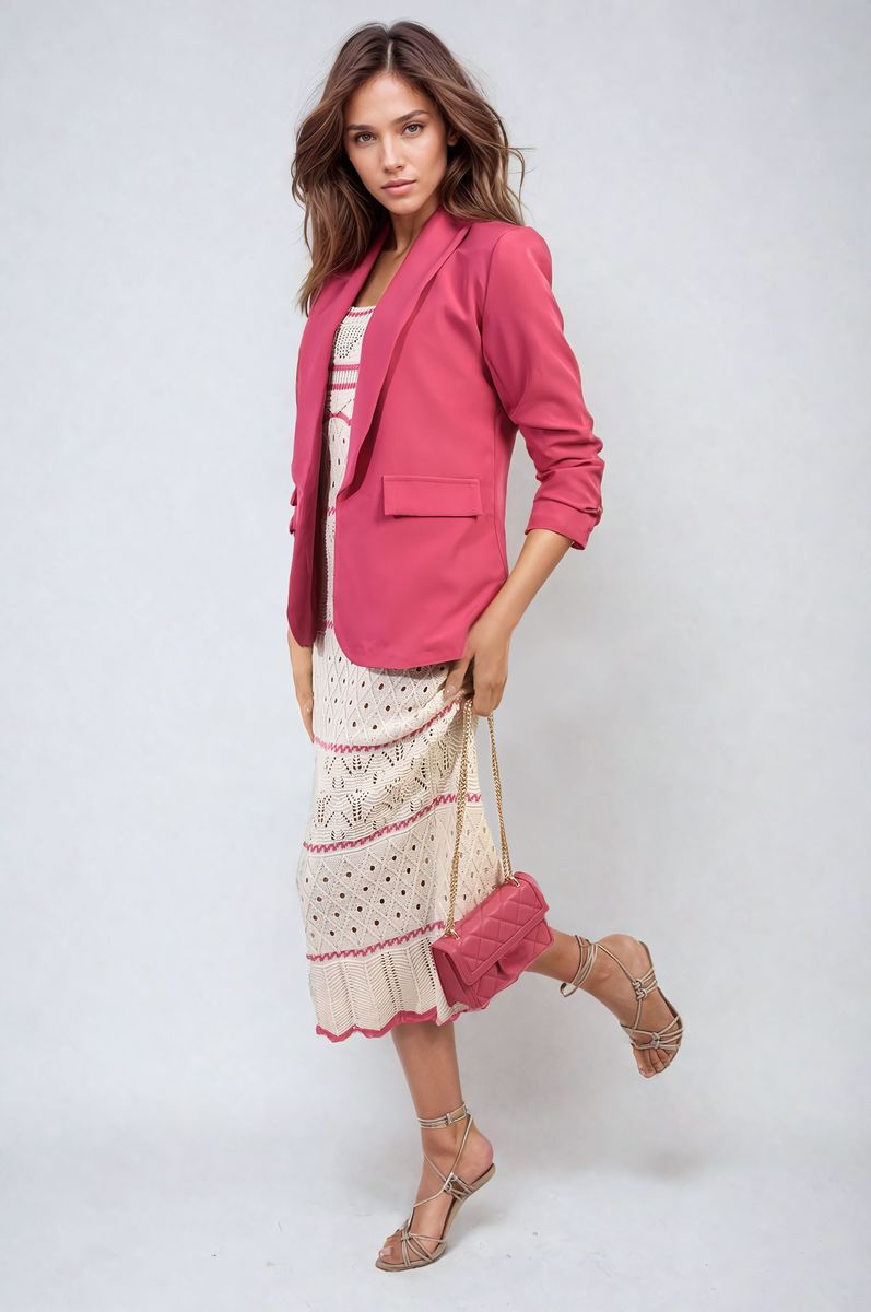 Ruched Sleeve Open Front Blazer Jacket with Front Pockets Moda