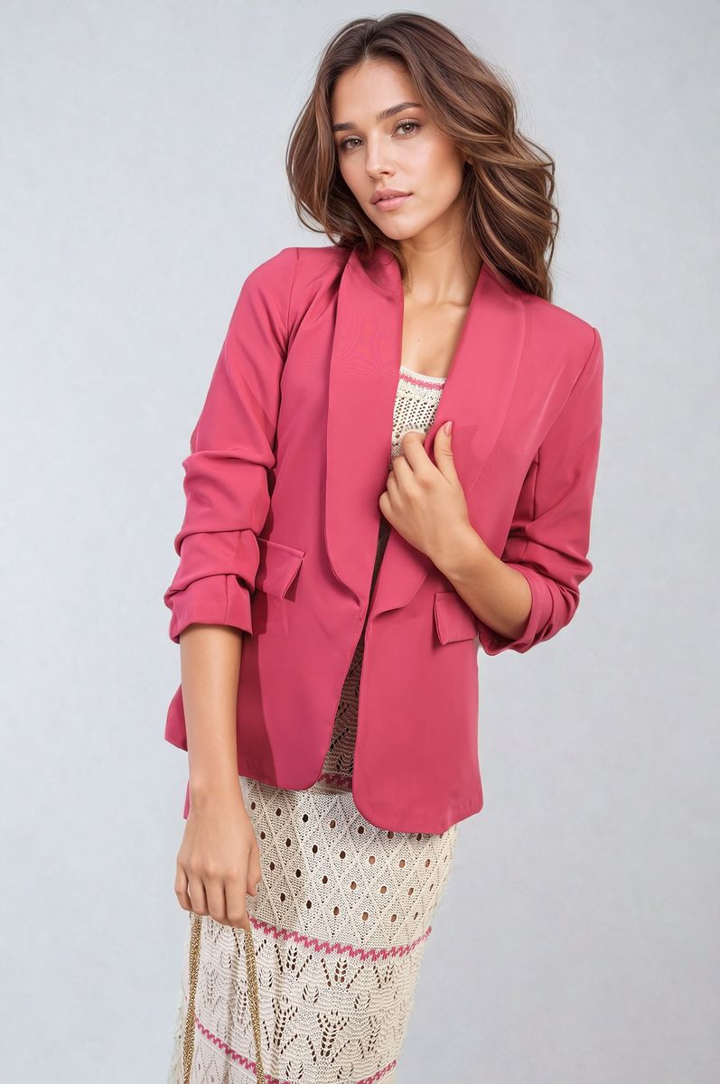 Ruched Sleeve Open Front Blazer Jacket with Front Pockets Moda