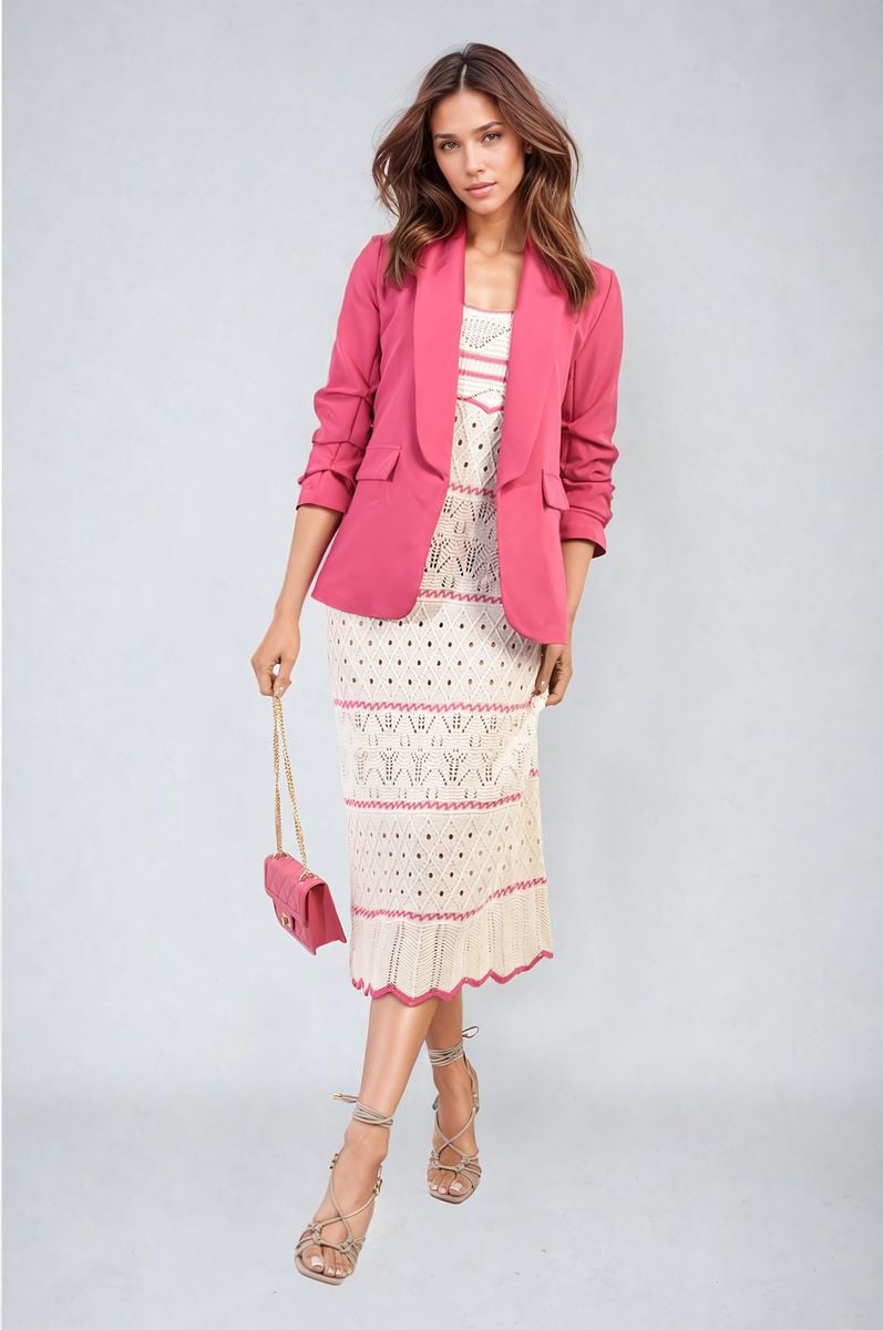 Ruched Sleeve Open Front Blazer Jacket with Front Pockets Moda