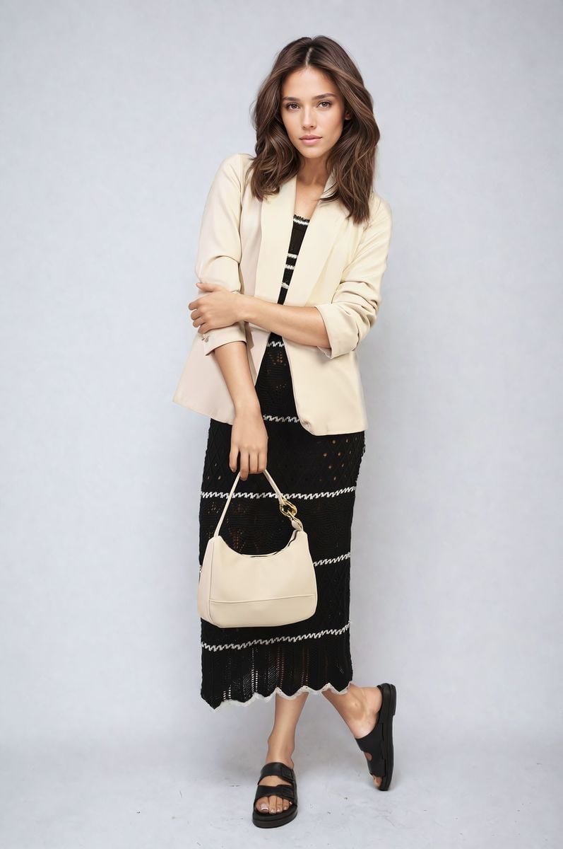 Ruched Sleeve Open Front Blazer Jacket with Front Pockets Moda