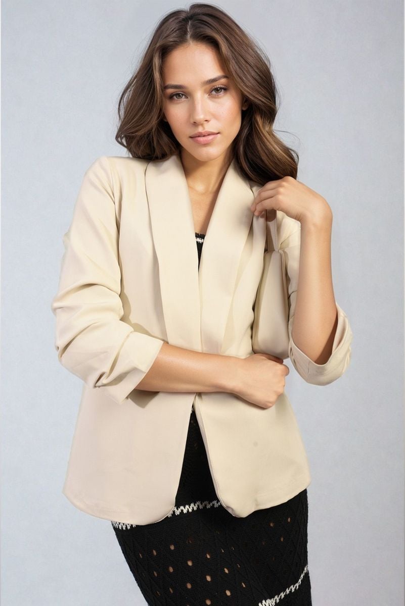 Ruched Sleeve Open Front Blazer Jacket with Front Pockets Moda