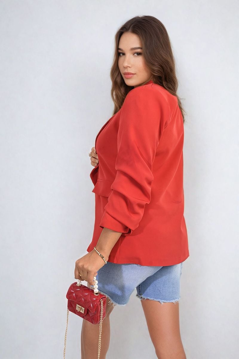 Ruched Sleeve Open Front Blazer Jacket with Front Pockets Moda