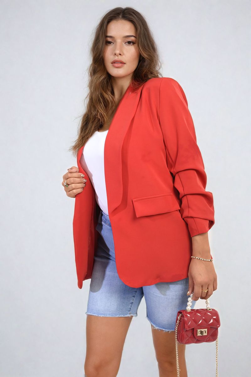 Ruched Sleeve Open Front Blazer Jacket with Front Pockets Moda