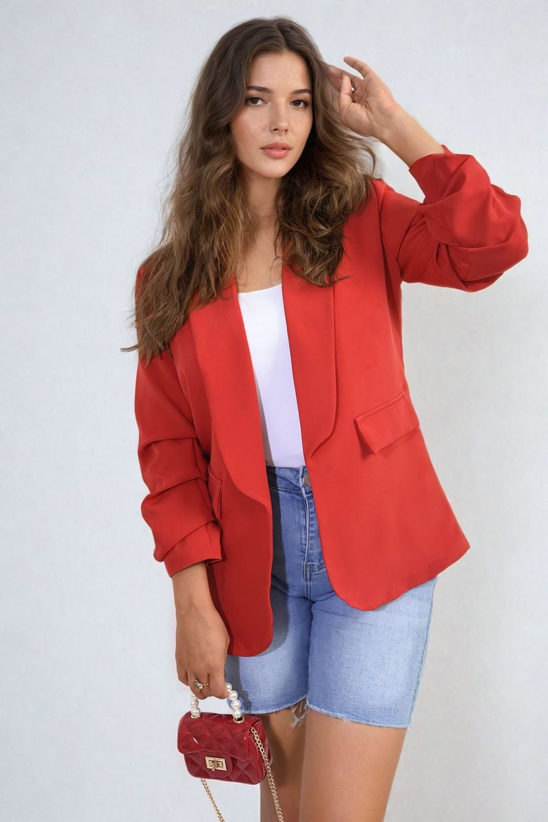 Ruched Sleeve Open Front Blazer Jacket with Front Pockets Moda