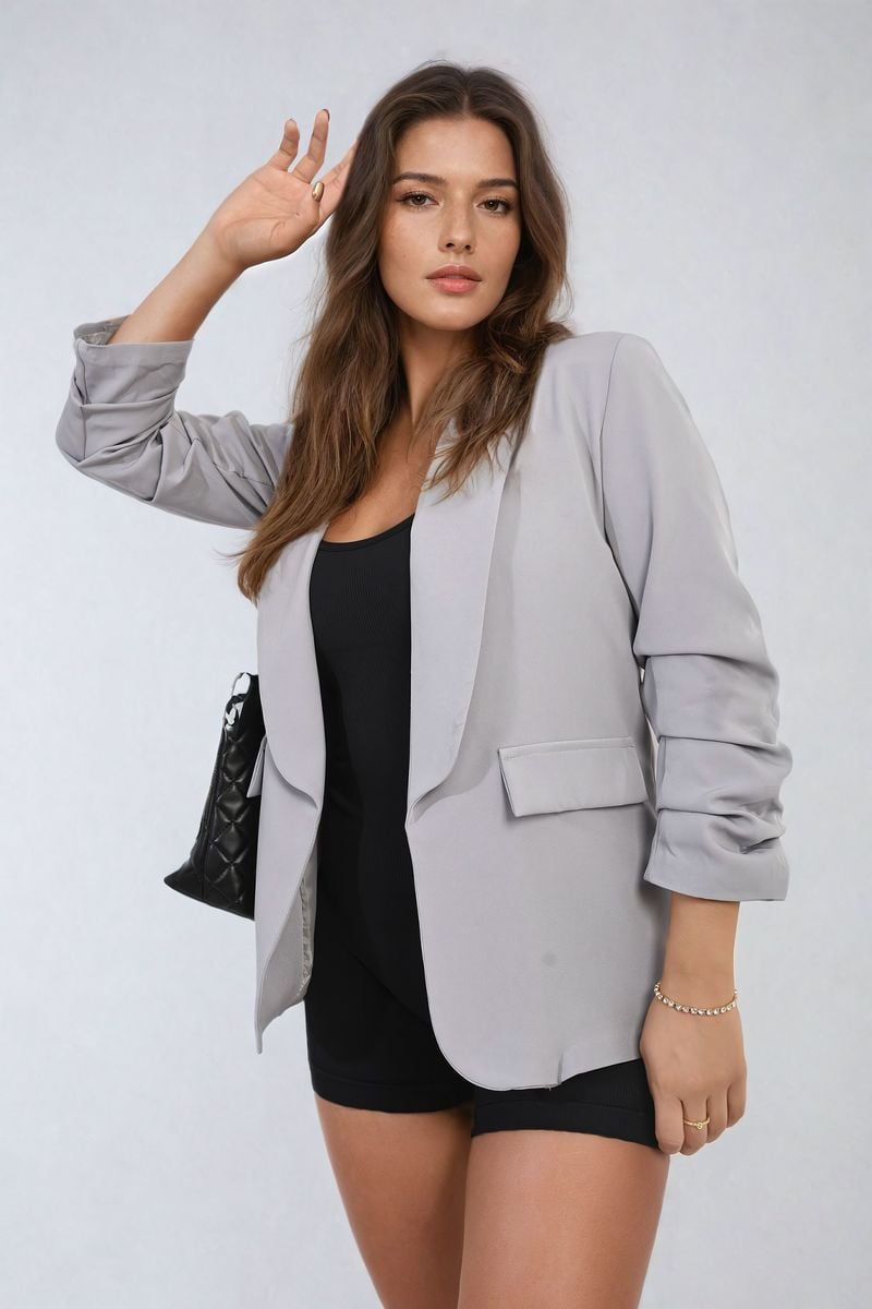 Ruched Sleeve Open Front Blazer Jacket with Front Pockets Moda