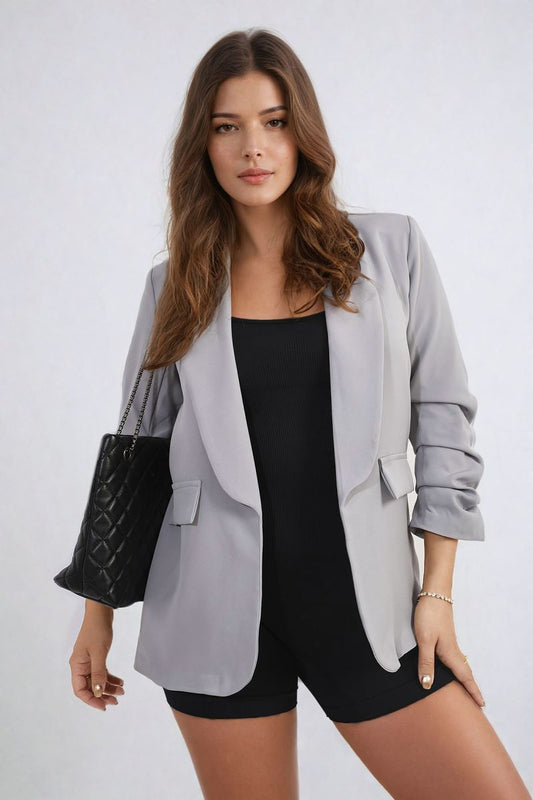 Ruched Sleeve Open Front Blazer Jacket with Front Pockets Moda