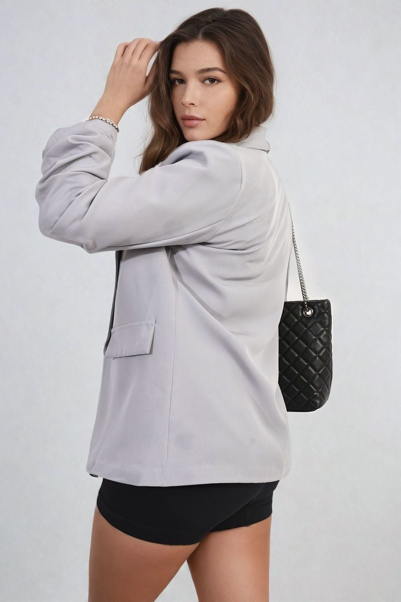 Ruched Sleeve Open Front Blazer Jacket with Front Pockets Moda