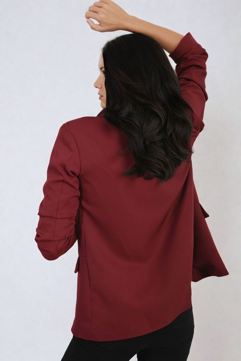Ruched Sleeve Open Front Blazer Jacket with Front Pockets Moda