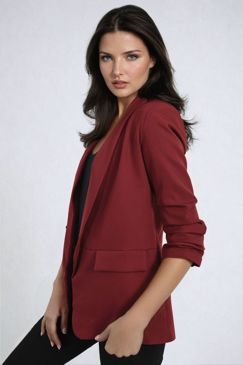 Ruched Sleeve Open Front Blazer Jacket with Front Pockets Moda