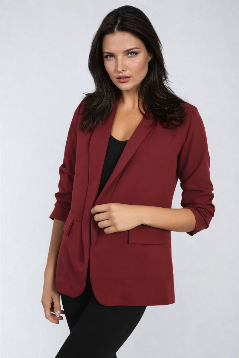 Ruched Sleeve Open Front Blazer Jacket with Front Pockets Moda
