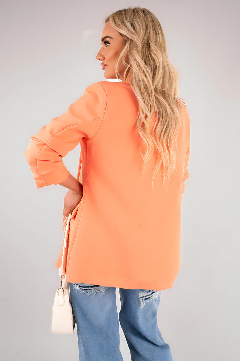 Ruched Sleeve Open Front Blazer Jacket with Front Pockets Moda