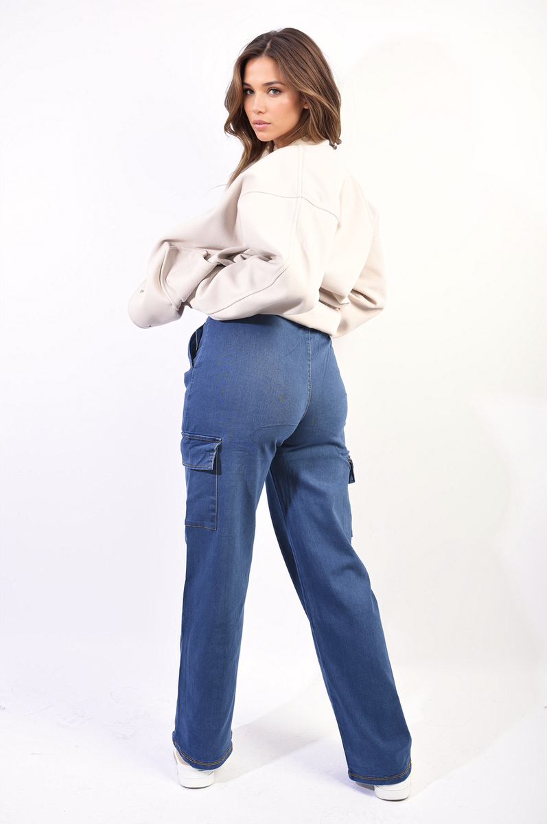 Drawstring Waist Flap Pocket Wide Leg Cargo Jeans Moda