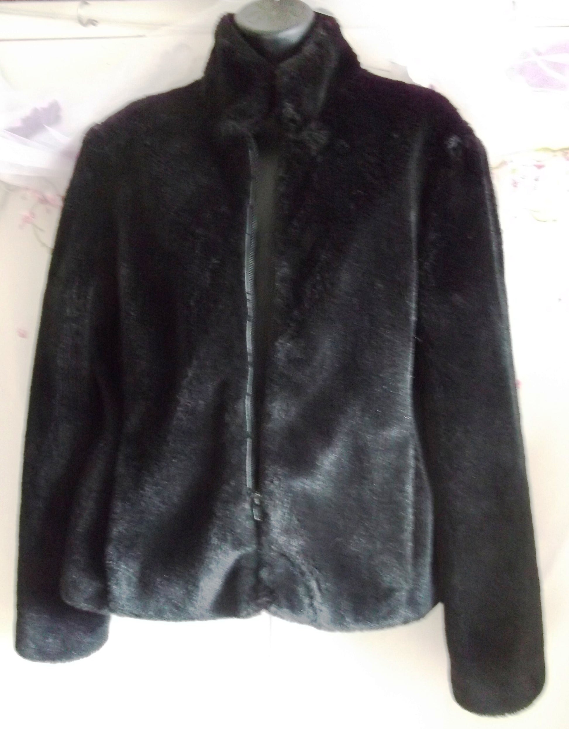 Funky,Fluffy size14, black faux fur jacket,hip length, lined,zip front,mandarin collar. Etsy