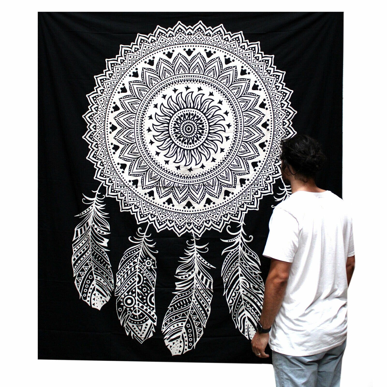 B&W hand-made Double Cotton Bedspread/Wall Hanging-Dreamcatcher-Width200cm Height: 230CM Etsy