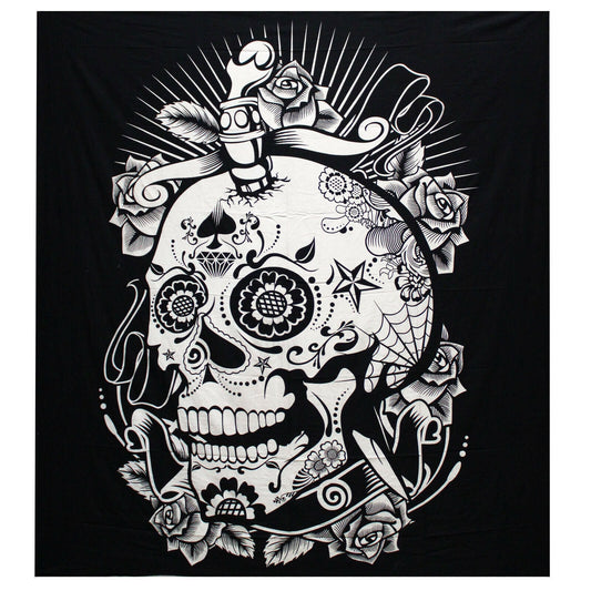 B&W hand-made Double Cotton Bedspread/Wall Hanging-ROSE SKULL-Width200cm Height: 230CM Etsy