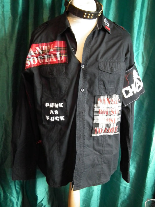 black PUNK bespoke, long sleeve shirt, size |X|L with patches.ch 48"/sh 18 Etsy