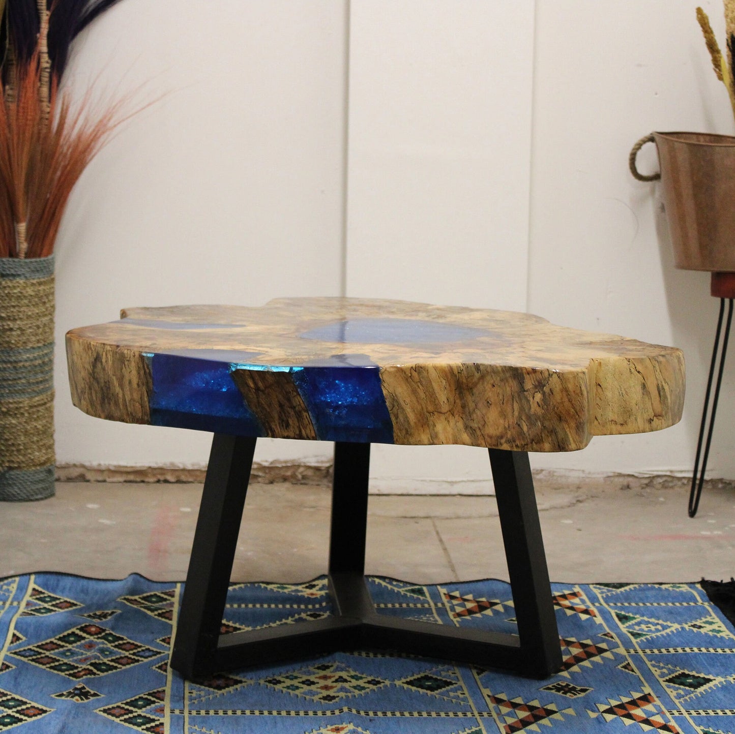 Tamarind wood and Resin Coffee Table-sky-blue hand-made, recycled, unique- 46x77 (cm) Etsy